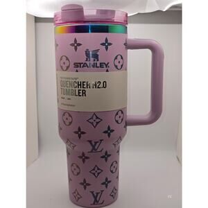 Stanley Pink 40 oz Tumbler – LV Inspired Pattern w/ Straw – Unique Design